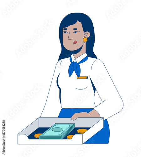 Smiling indian female bank teller holding cash tray 2D cartoon character. South asian woman bank officer handling paper bills and coins flat vector person isolated on white. Spot illustration colorful