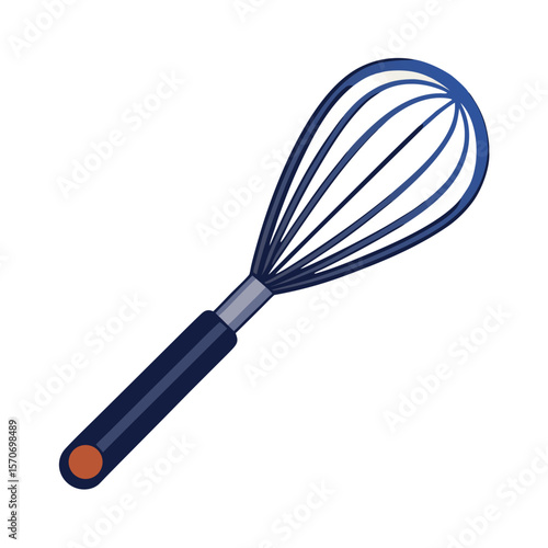A kitchen whisk with blue wire loops and a dark blue handle with an orange accent, illustrated in a simple, clean graphic style