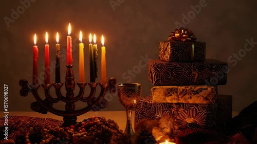 Lit menorah, various wrapped gifts, and ornaments traditionally for Jewish celebration