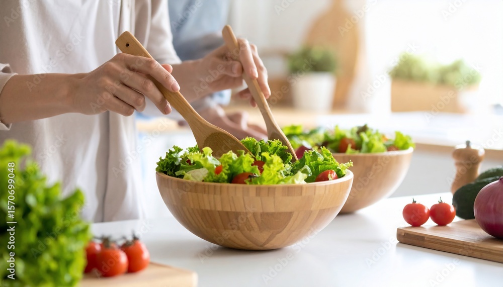 Two people preparing a fresh salad in a bright, modern kitchen setting. Two people preparing a fresh salad in a bright, modern kitchen setting.