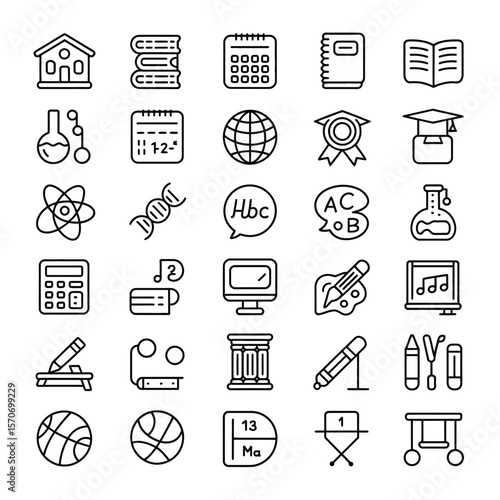 Collection of thirtysix black linear icons depicting various educational and academic subjects including school building books calendar notebook open book beaker test tubes atom D N A