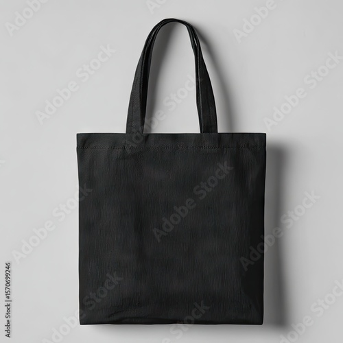 A plain black cotton tote bag with two handles hangs against a light grey backdrop