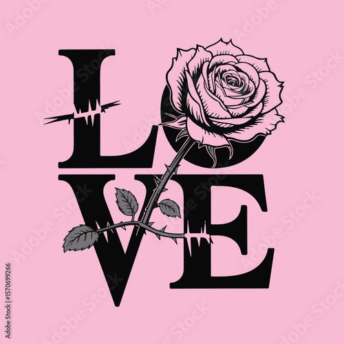Black rose entwined with the word love on a pink background