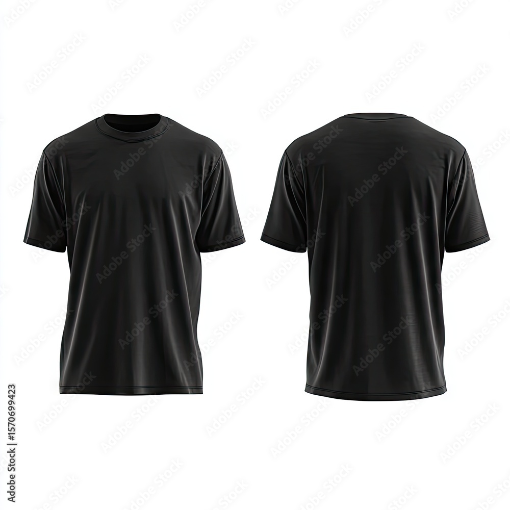 Naklejka premium A plain black, short-sleeved crew-neck t-shirt shown from front and back views on a white background. The shirt appears to be made of a soft, slightly textured fabric
