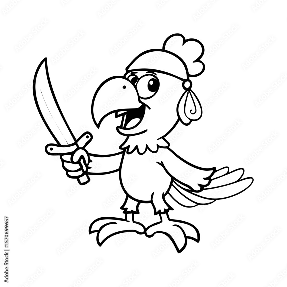 Obraz premium Outline of parrot pirate bird cartoon character with Sword 
