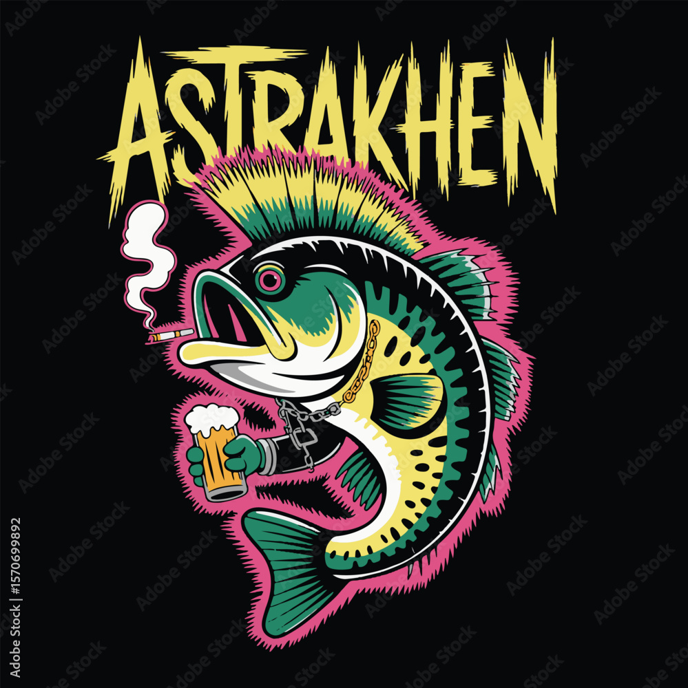 Obraz premium Punk rock bass fish smoking a cigarette and drinking beer
