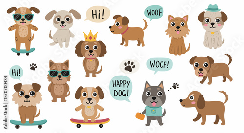 Collection of Adorable Cartoon Dogs Sporting Accessories and Skateboards