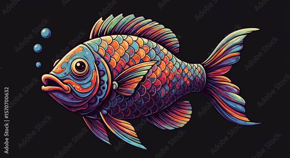 Fototapeta premium A colorful fish with scales swims in the dark water