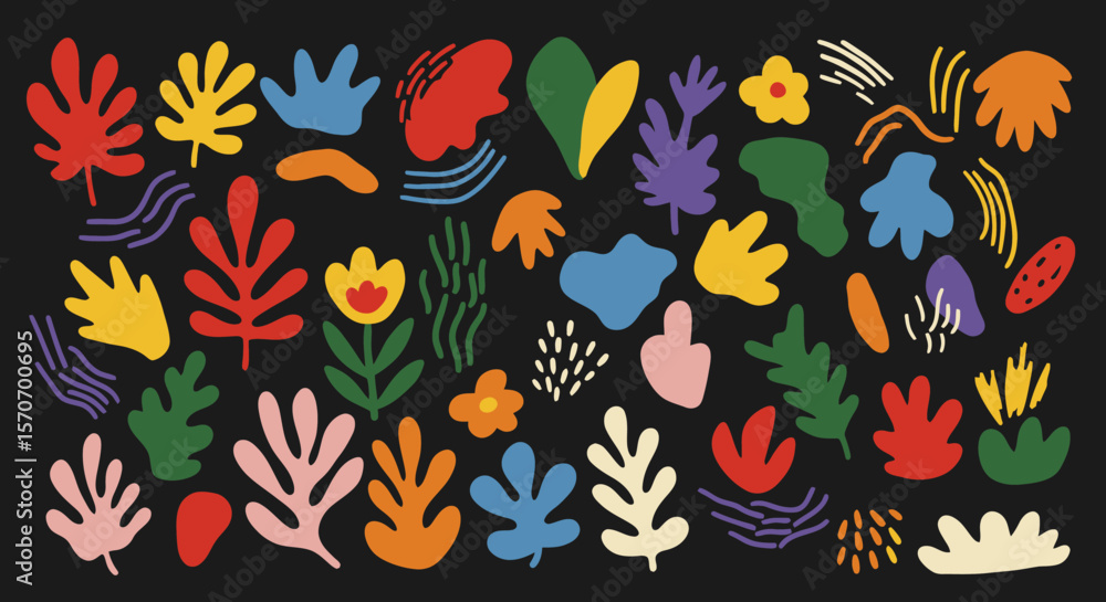 Vibrant Abstract Floral and Leaf Motif Composition Vibrant Abstract Floral and Leaf Motif Composition