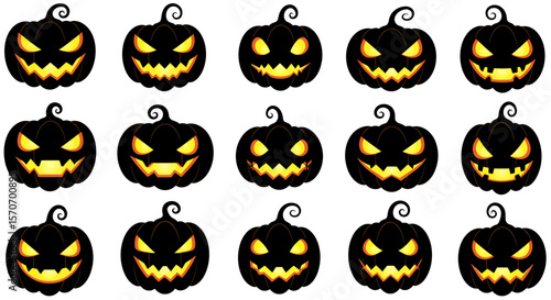Row of fifteen stylized black Halloween pumpkins with glowing yellow eyes and jagged smiles