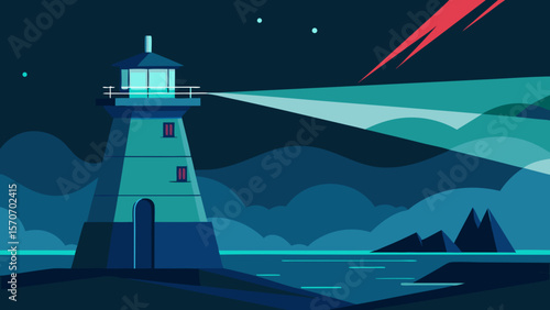 A lone lighthouse casts its beacon across the dark ocean from a rocky island coastline under the night sky
