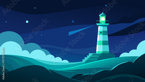A beacon of light illuminates the coastline from a lighthouse tower on the sea under the night sky