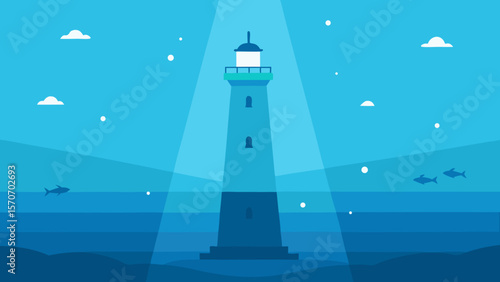 A lone white lighthouse illuminates the dark ocean from its coastal perch, a beacon of safety and navigation under the night sky