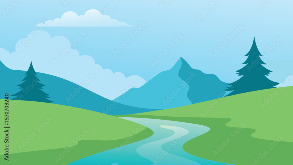 Fototapeta premium Serene Mountain Landscape with Winding River and Trees
