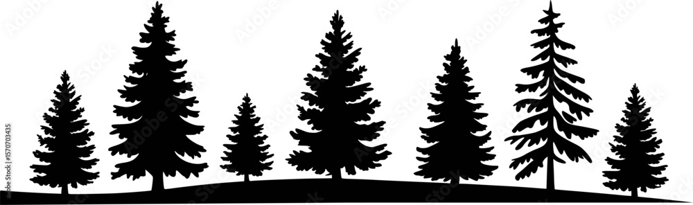 Obraz premium Silhouette illustration featuring multiple evergreen trees in a forest setting isolated against a white background