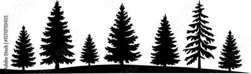Silhouette illustration featuring multiple evergreen trees in a forest setting isolated against a white background