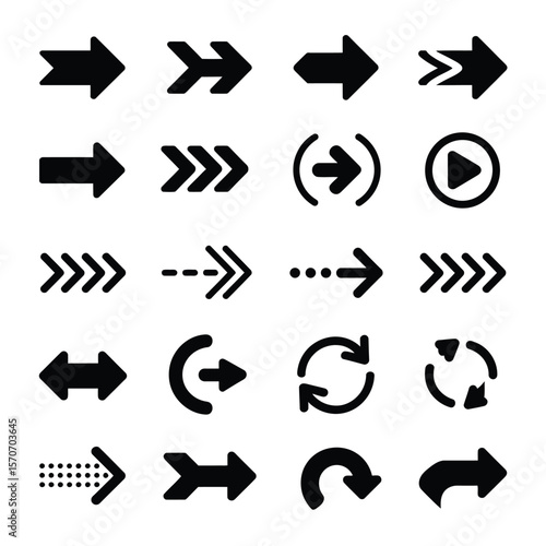 Collection of twenty diverse black arrow icons isolated on white background various styles shapes directions including right left up down curved circular double headed dotted lined chevron