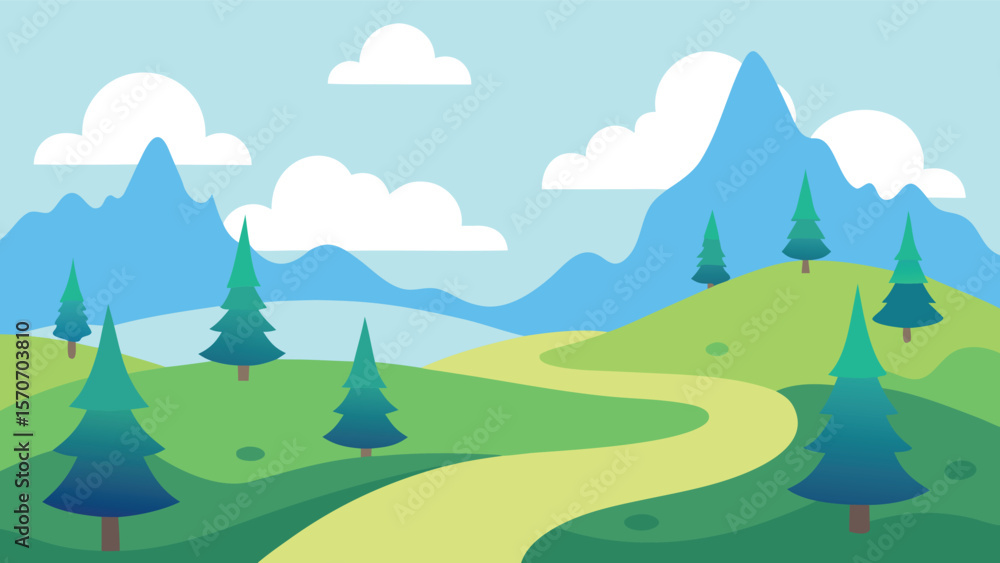 Obraz premium Serene Mountain Landscape with Winding Path and Evergreen Trees
