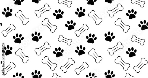 Simple seamless pattern featuring cartoon illustrations of dog paw prints and bones scattered across a white background.