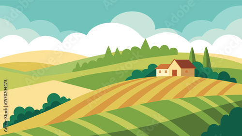 Picturesque Farmland Landscape with Rolling Hills and Houses