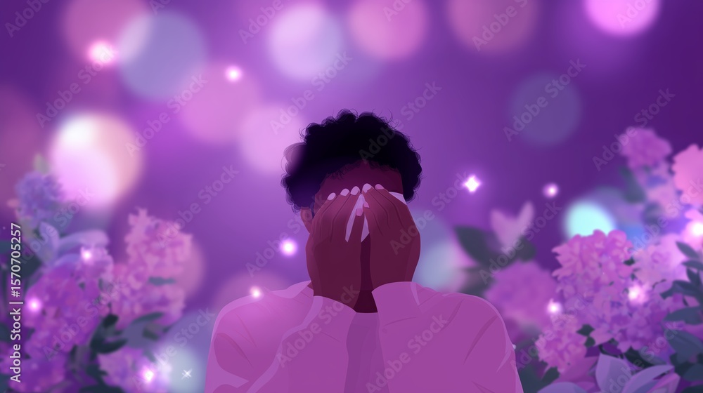 Person covering face with hands in a purple floral background creating a dreamy atmosphere Person covering face with hands in a purple floral background creating a dreamy atmosphere