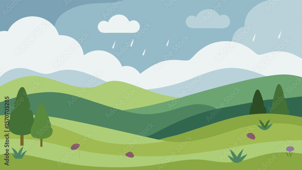 Gentle Rain Over Lush Green Rolling Hills Landscape Gentle Rain Over Lush Green Rolling Hills Landscape