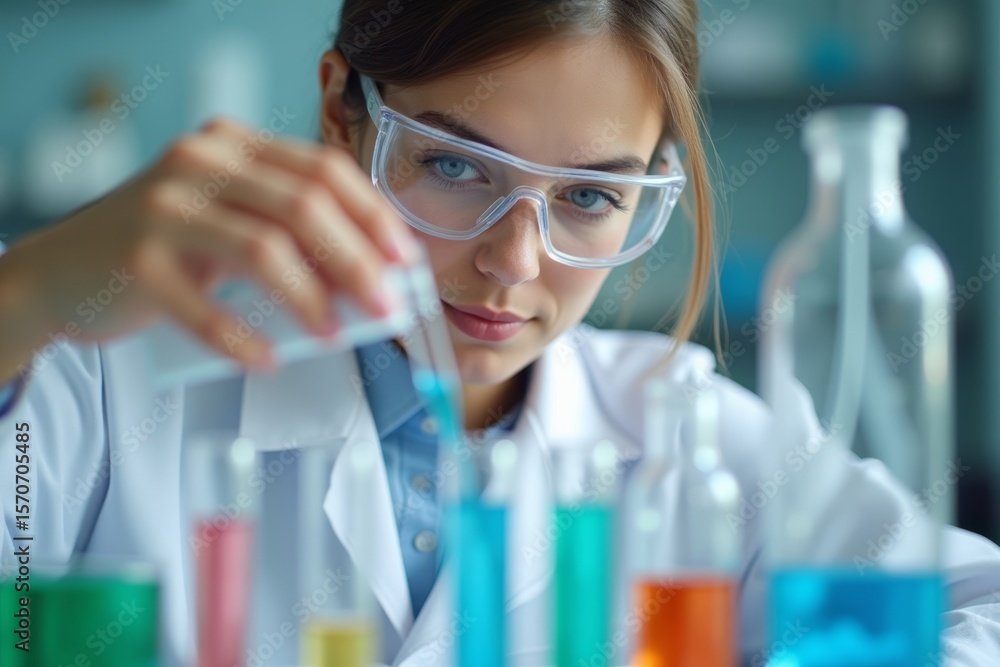 Close-up image of a young female scientist conducting an experiment in a laboratory, pouring a vibrant chemical solution into a test tube among various scientific instruments. Close-up image of a young female scientist conducting an experiment in a laboratory, pouring a vibrant chemical solution into a test tube among various scientific instruments.