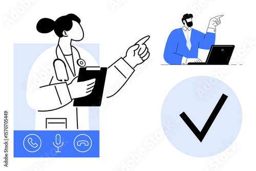 Doctor holding clipboard and gesturing, interacting with a patient on a laptop during online consultation. Ideal for telemedicine, remote healthcare, communication, technology, digital health, care