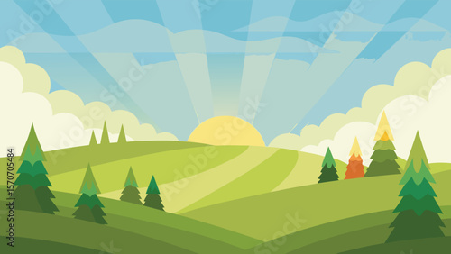 Sunrise over Rolling Green Hills and Evergreen Trees