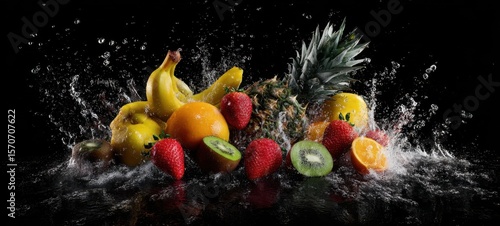 Fototapeta Naklejka Na Ścianę i Meble -  The vibrant arrangement of fresh fruits splashing in water against a black background.