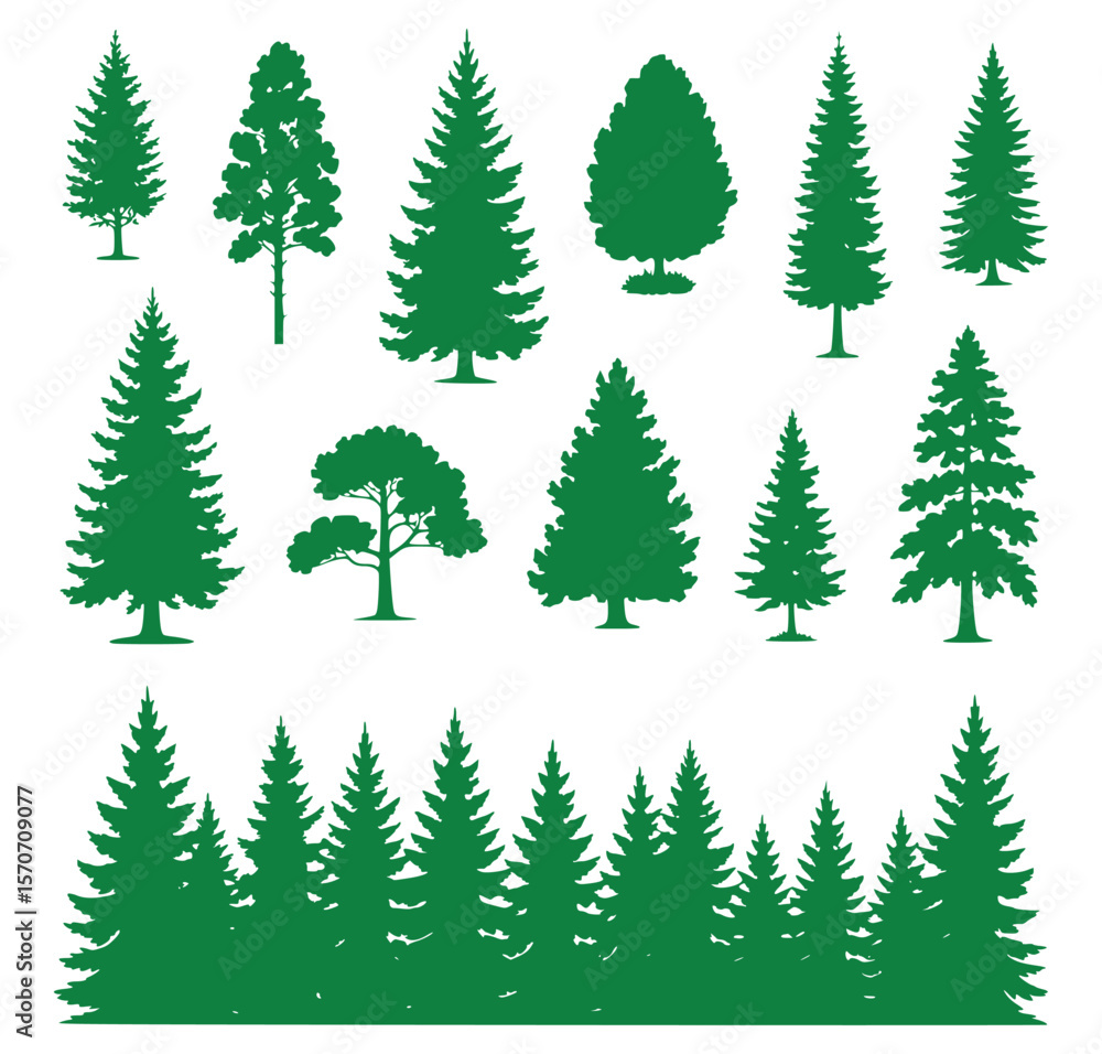 Obraz premium Collection of green vector illustrations featuring different types of trees and forest silhouettes