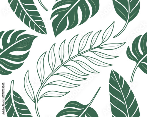 Elegant seamless pattern featuring a collection of stylized tropical leaves in shades of green.