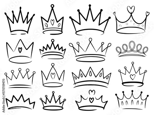 Collection of hand drawn crown illustrations in a simple black and white sketch style