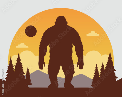 Silhouette illustration of bigfoot standing in the forest against a scenic sunset background with trees and clouds.