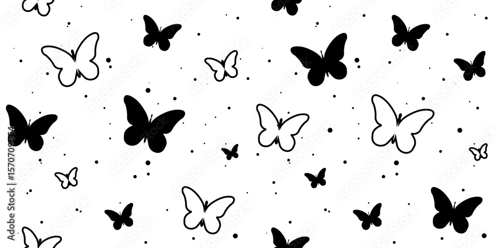 Obraz premium modern butterfly, seamless pattern. butterfly silhouette, simple, repet background. cute, black drawing for a girl. for print, paper, postcards. art cute illustration.