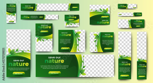 Green banner design web template Set, Horizontal header web banner. Modern Gradient green cover header background for website design, Social Media Cover ads banner, flyer, invitation card