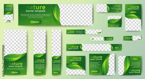 Nature banner design web template Set, Horizontal header web banner. Modern Gradient green cover header background for website design, Social Media Cover ads banner, flyer, invitation card