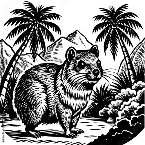 vector illustration of a black and white cartoon squirrel
