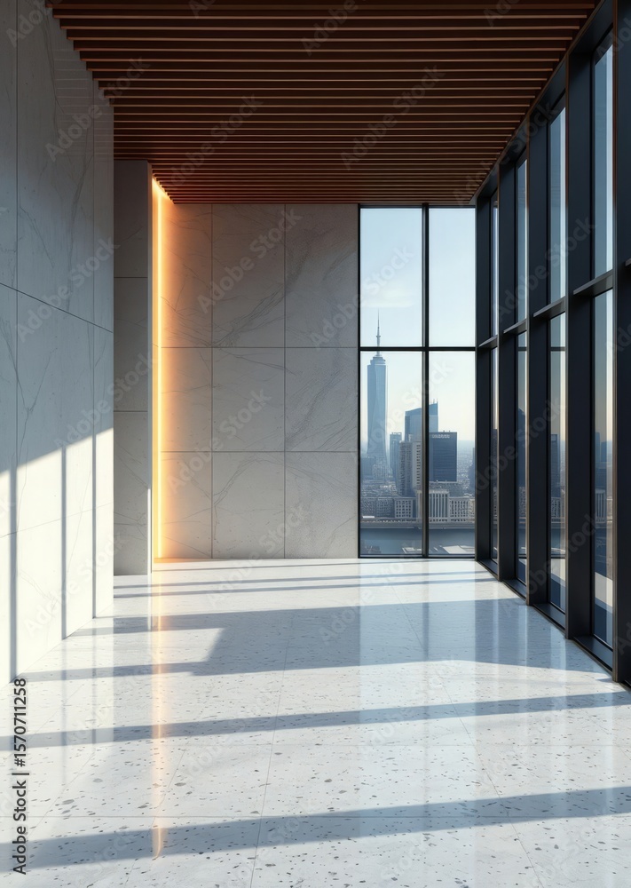 Obraz premium Modern style luxury interior with city view 3d render there are terrazzo floor decorated wall with hidden light Empty room interior design architecture blank design room striking structures cle
