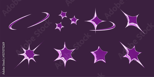 Shiny chrome star emoticon effects set - swoosh trails, sparkle clusters, pointed bursts with metallic gradients and glossy reflections. Digital stickers for gaming interfaces with futuristic vibes.