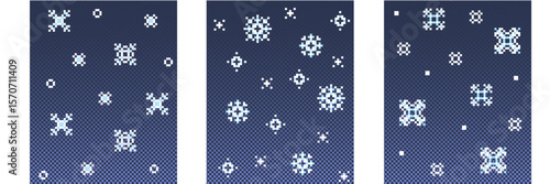 White pixel snowflakes falling on dark blue gradient background - 8 bit patterns with squares forming stars, crosses and crystals. Retro winter game scenes for digital holiday or seasonal cards.