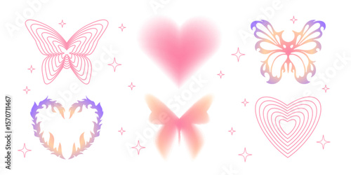 Y2K elements with pink line art butterfly wings, gradient purple yellow insects, blurred heart shape, love symbols and sparkle stars. Retro 2000s aesthetic graphics for nostalgic design decorations.