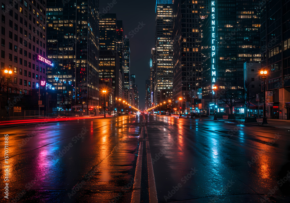 Fototapeta premium Night City Reflections A Rainy Metropolis