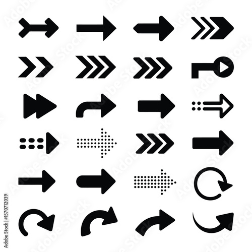 Collection of twenty four black arrow icons various styles and directions isolated on white background simple vector illustration set of navigational pointers for website or app design