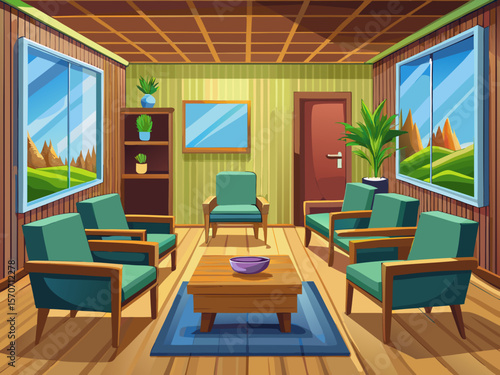 vector of A pleasant wooden waiting room with modern armchairs and a television, suitable for business environments