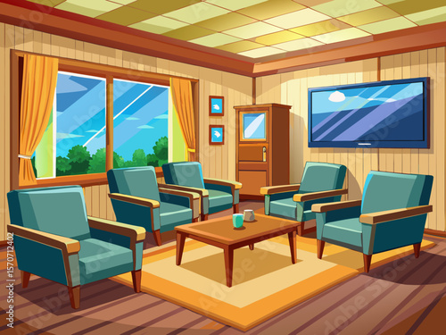 vector of A pleasant wooden waiting room with modern armchairs and a television, suitable for business environments