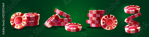 Casino chips cartoon collection - red poker tokens stacked, scattered piles on green table. Gambling game pieces with white stripes and dots pattern. Betting coins for blackjack, roulette, card games.