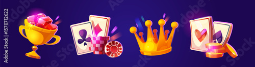 Casino cartoon icons - golden trophy cup with jewels, playing cards, poker chips stack, royal crown glowing bright, pile of gold coins. Gambling game elements for jackpot winner, betting entertainment