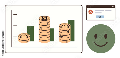 Stacked coins rising on a bar chart signify financial growth, next to an error message popup and a happy face icon. Ideal for business growth, decision making, finance, success, errors, positivity