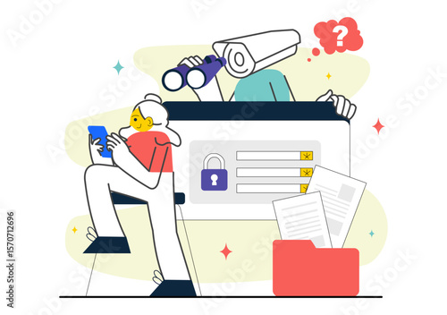 Covert Surveillance Vector Illustration Featuring the Act of Observing and Recording Individuals Without Their Knowledge in a Flat Background